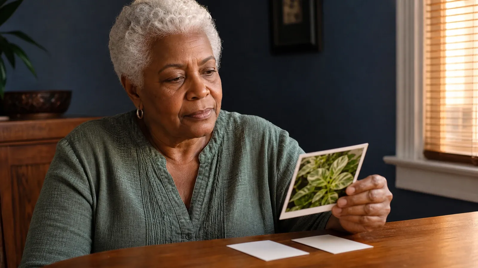 An adult pauses while looking at a small printed photograph of a… · Prescription Dependence Questions About Lunesta Use