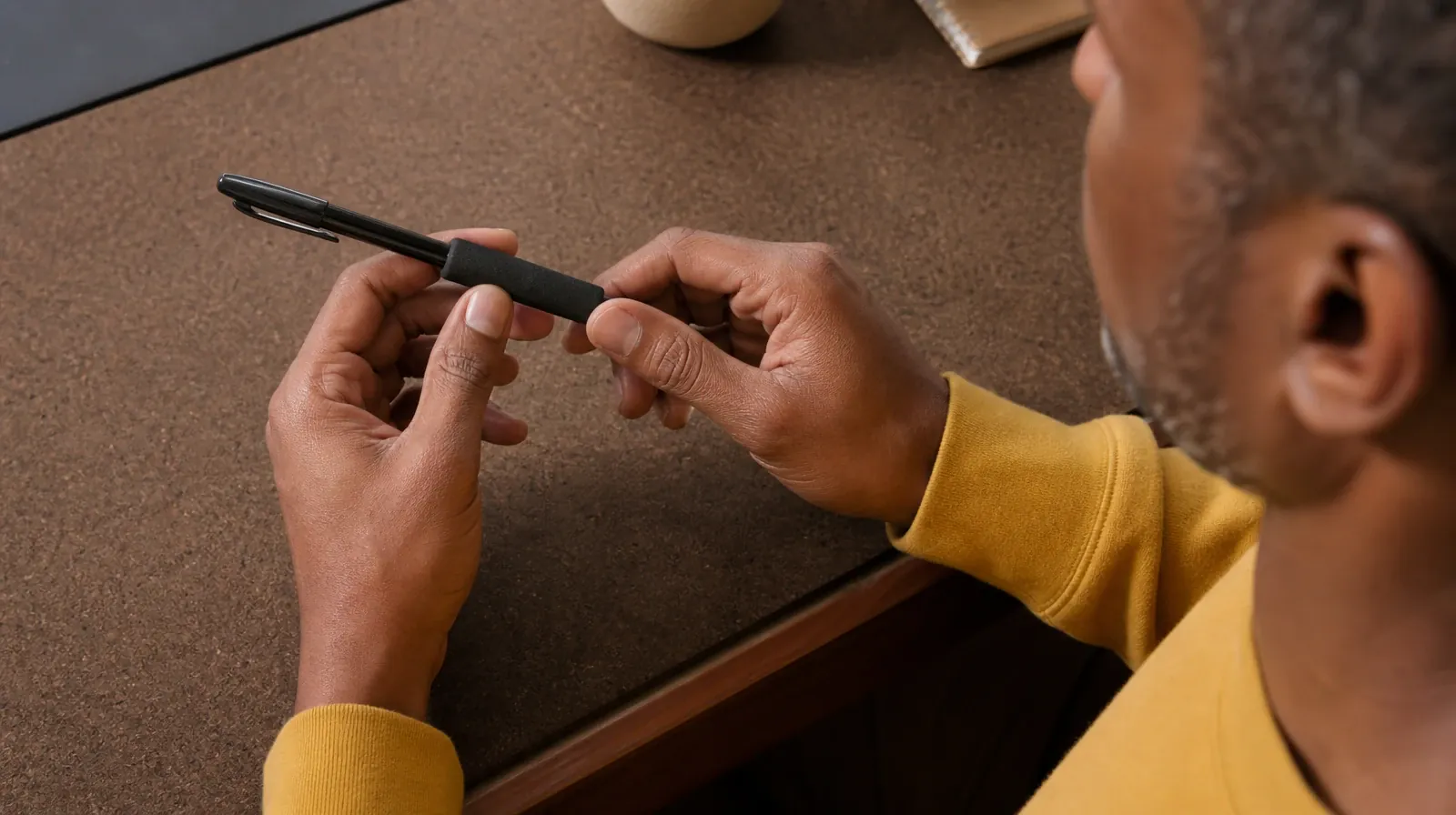 An adult fits a soft foam grip onto a plain capped pen at a… · Questions After Returning to Lunesta Use in South Florida