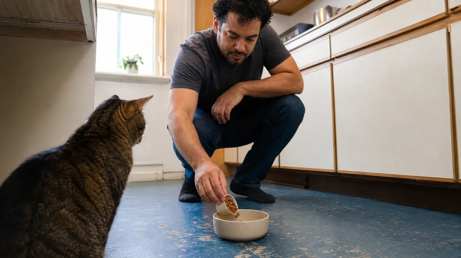 An adult scoops dry food into a ceramic bowl while a cat… · Returning Home After Treatment for Lunesta Use in South Florida