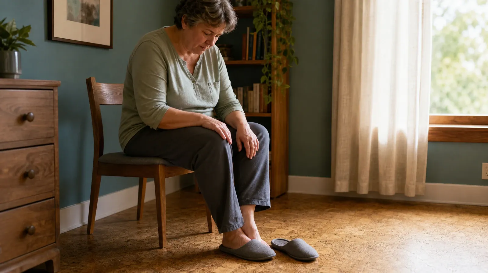 Building Support for Recovery From Cannabis Use | An adult seated on a home chair slides her feet into a pair of plain… An adult seated on a home chair slides her feet into a pair of plain… · Building Support for Recovery From Cannabis Use