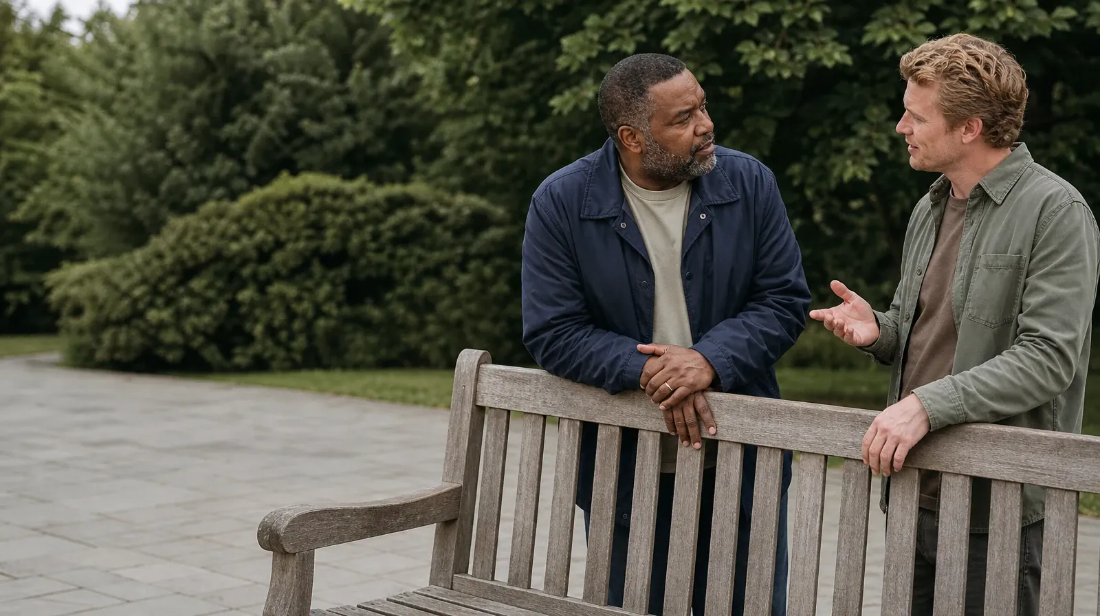 Two adults stand behind an empty wooden bench, resting their… · Counseling and Coping With Cannabis Use in South Florida