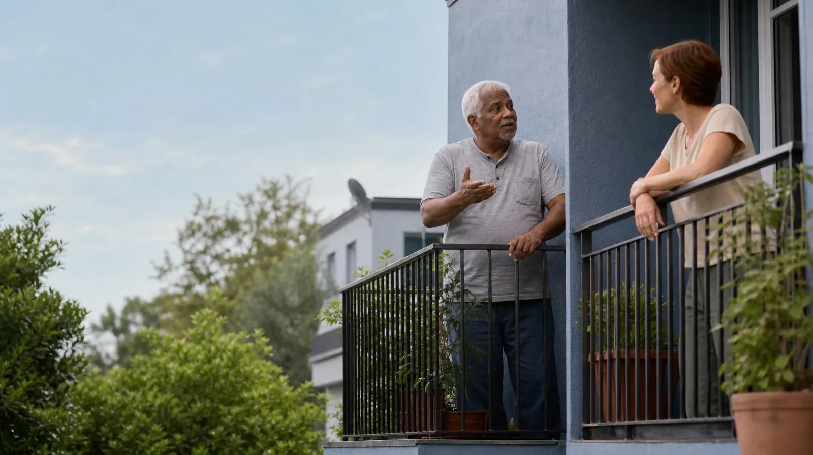 Preparing for Appointments About Cannabis Use in South Florida | Two adults talk across a narrow gap between adjoining home… Two adults talk across a narrow gap between adjoining home… · Preparing for Appointments About Cannabis Use in South Florida