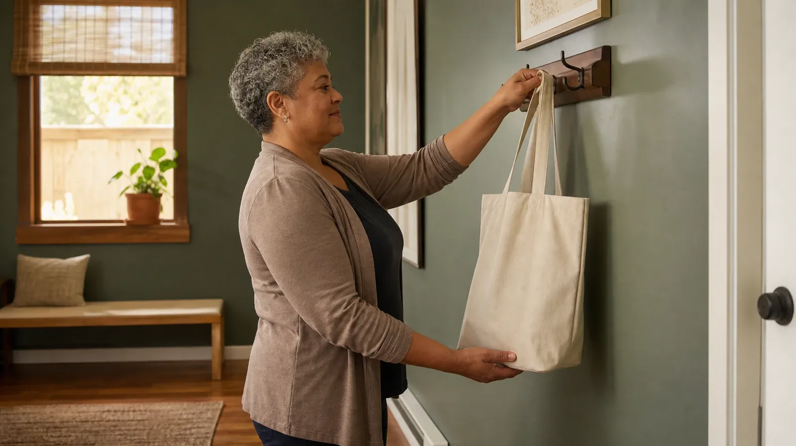 An adult hangs a plain cloth tote on a low home hook · Previous Treatment Experience With Cannabis Use