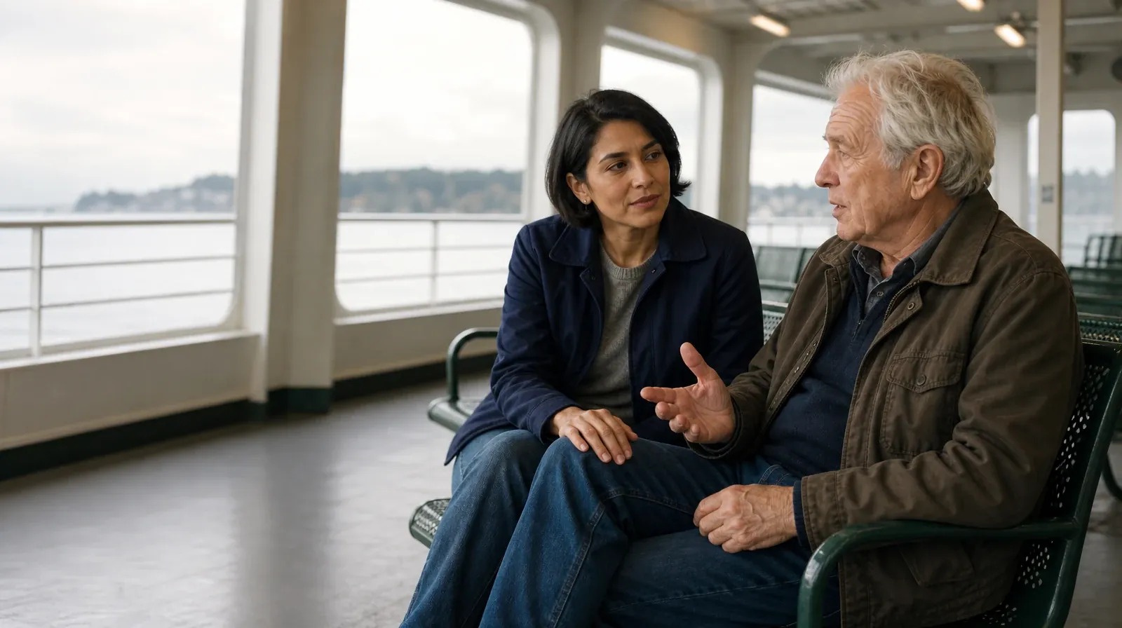 Two adults sit on a sheltered ferry deck, with one resting a… · Questions After Returning to Cannabis Use in South Florida