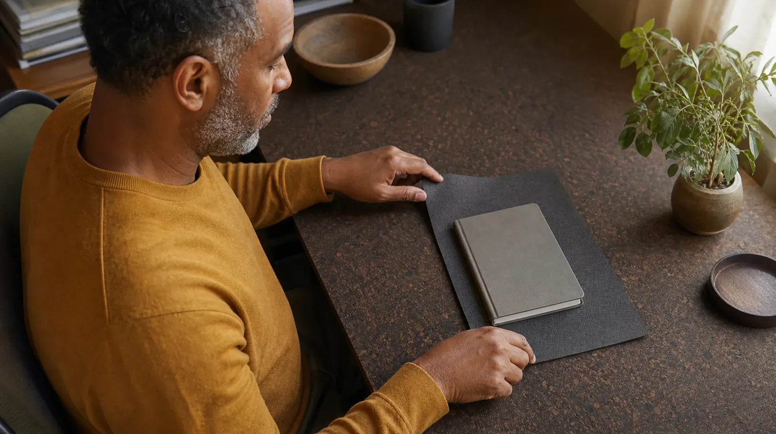 Returning Home After Treatment for Cannabis Use in South Florida | An adult slides a non-slip mat beneath a closed notebook… An adult slides a non-slip mat beneath a closed notebook… · Returning Home After Treatment for Cannabis Use in South Florida