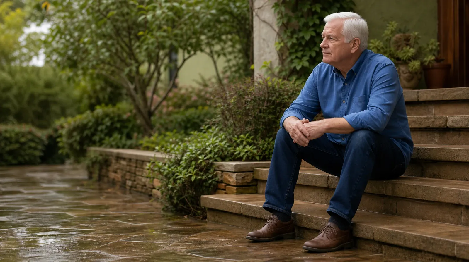An older adult sits on broad home steps after rain, with elbows… · Questions After Returning to MDMA Use in South Florida