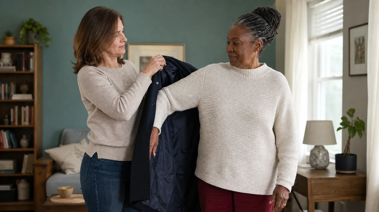 Returning Home After Treatment for MDMA Use in South Florida | One adult holds a plain coat steady while another adult… One adult holds a plain coat steady while another adult… · Returning Home After Treatment for MDMA Use in South Florida