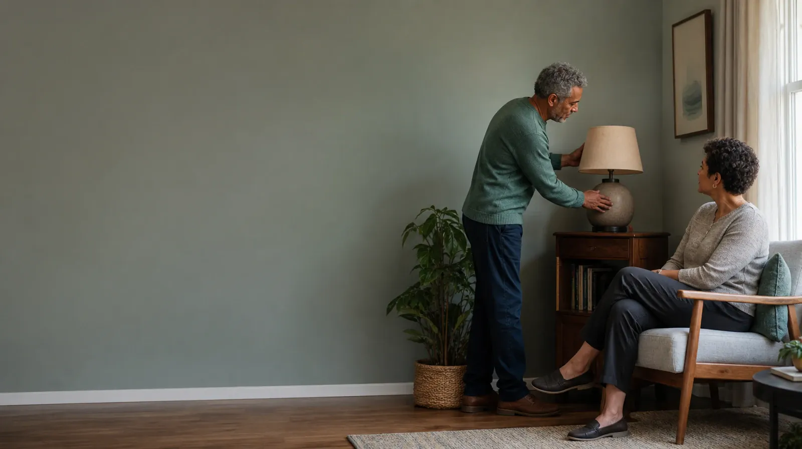 An adult adjusts a lamp while another waits nearby · Talking With Family About MDMA Use in South Florida