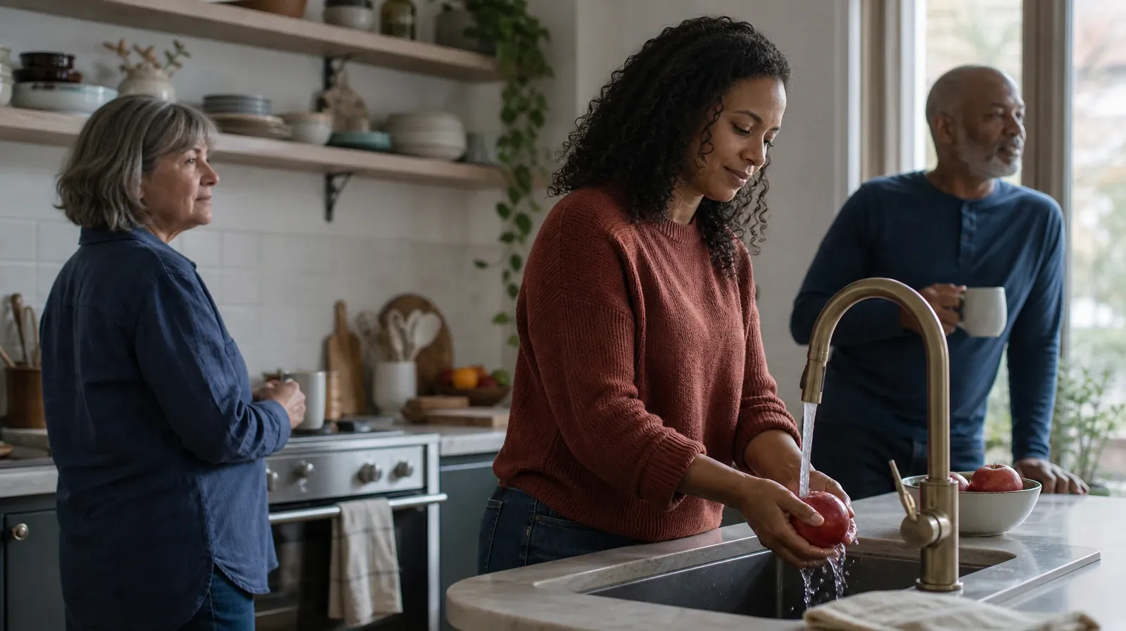 An adult rinses an apple at a kitchen sink · Talking With Your Prescriber About MDMA Use in South Florida