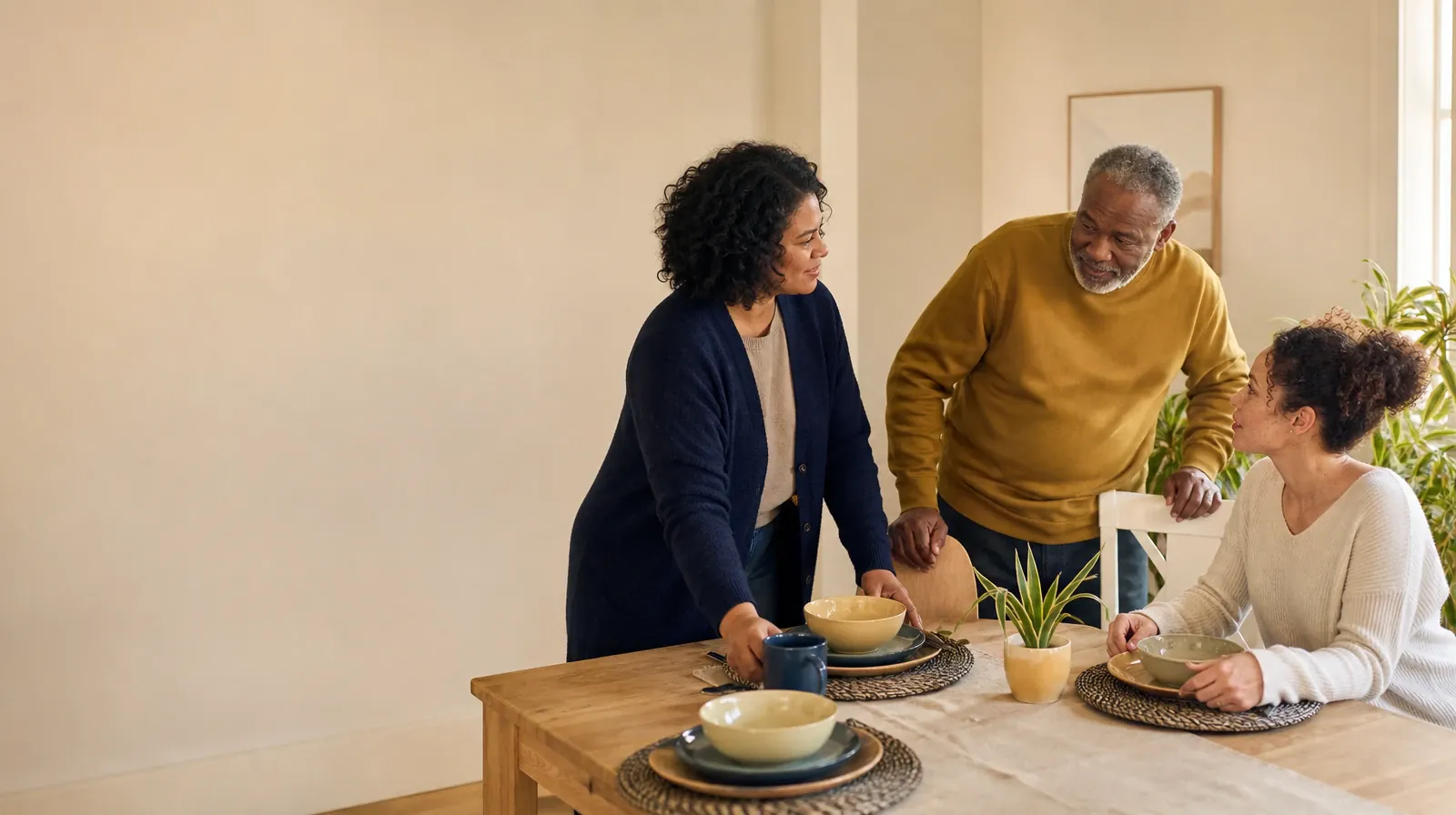 Three adults pause while setting a plain table · Building Support Around Recovery From Methamphetamine Use