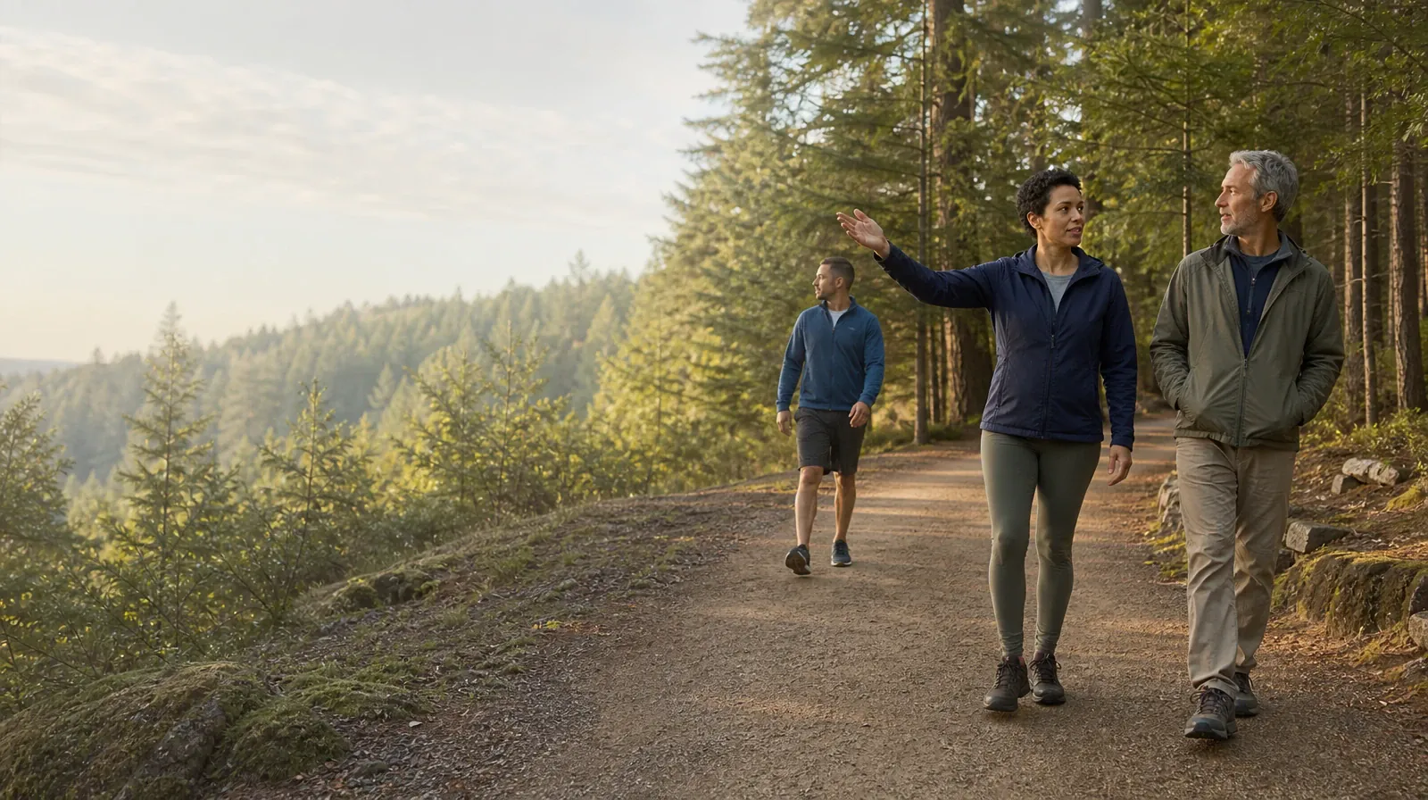 Three adults walk and talk on a wooded path · Talking With Your Prescriber About Methamphetamine Use