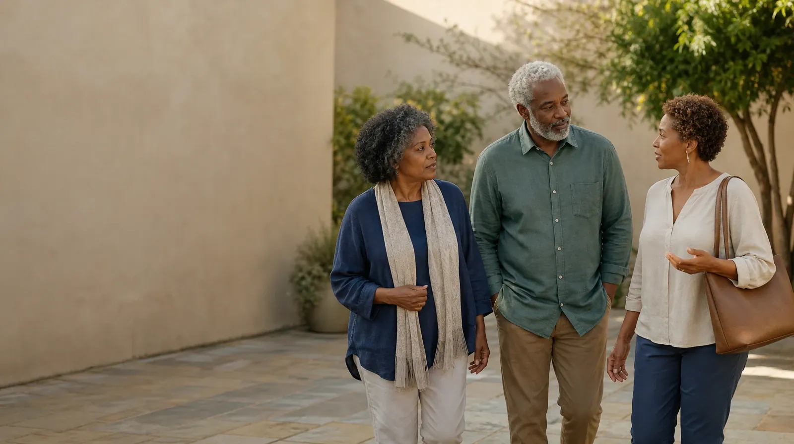 Three adults walk and talk through a courtyard · Recognizing Concerns About Morphine Use in South Florida