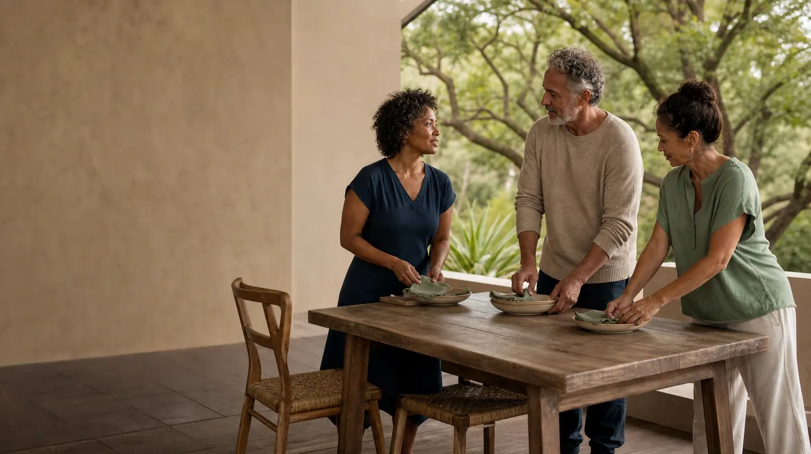 Asking for an Assessment for Nitrous oxide Use in South Florida | Three adults pause while setting a plain table Three adults pause while setting a plain table · Asking for an Assessment for Nitrous oxide Use in South Florida