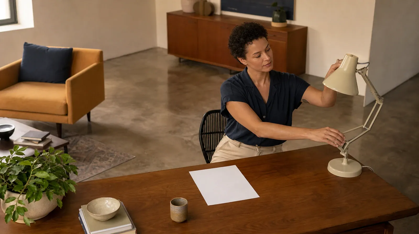 An adult adjusts a desk lamp beside blank paper · Cravings and Support With Nitrous oxide Use in South Florida