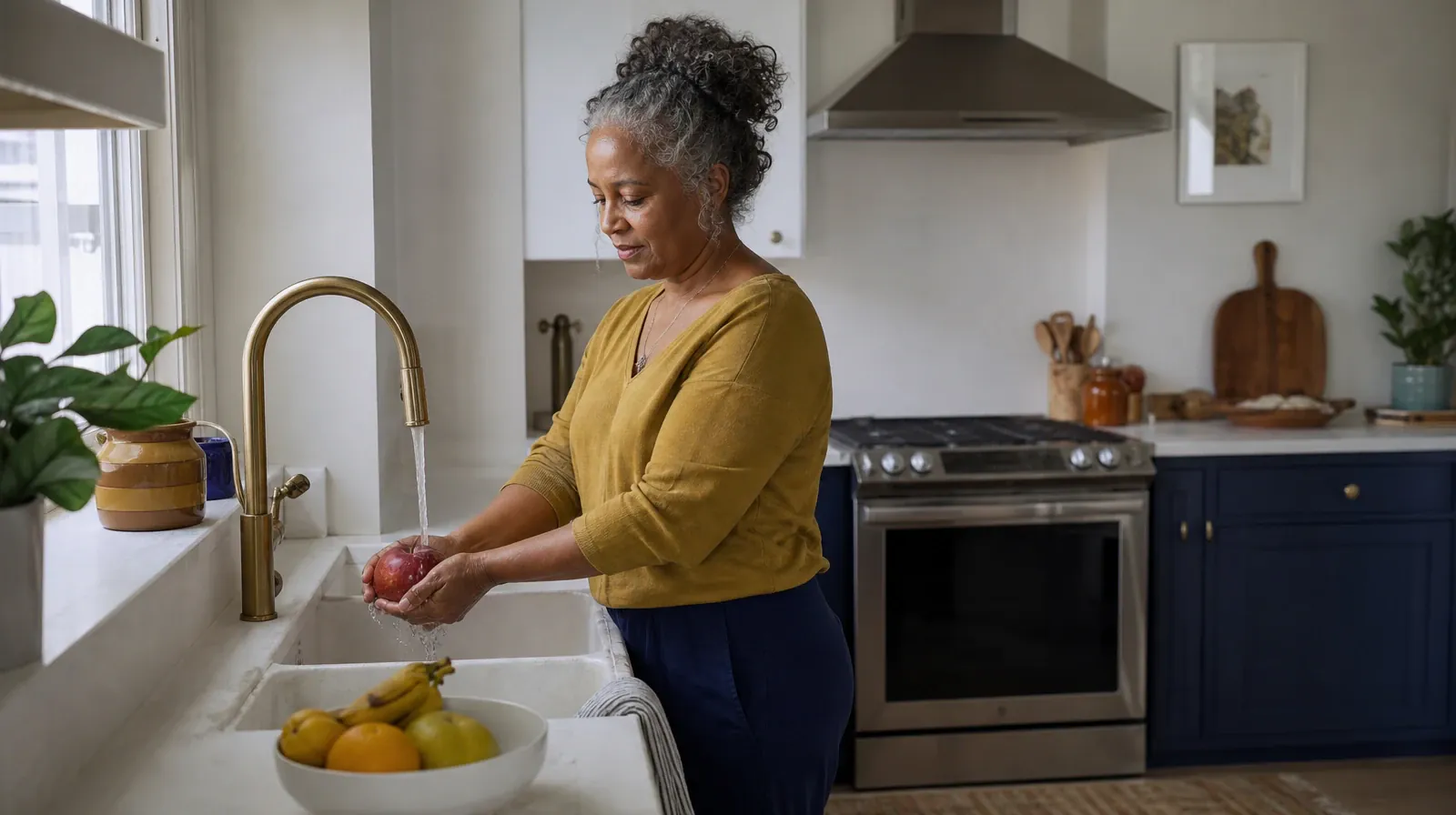 An adult rinses an apple at a kitchen sink · Talking With Your Prescriber About Nitrous Oxide
