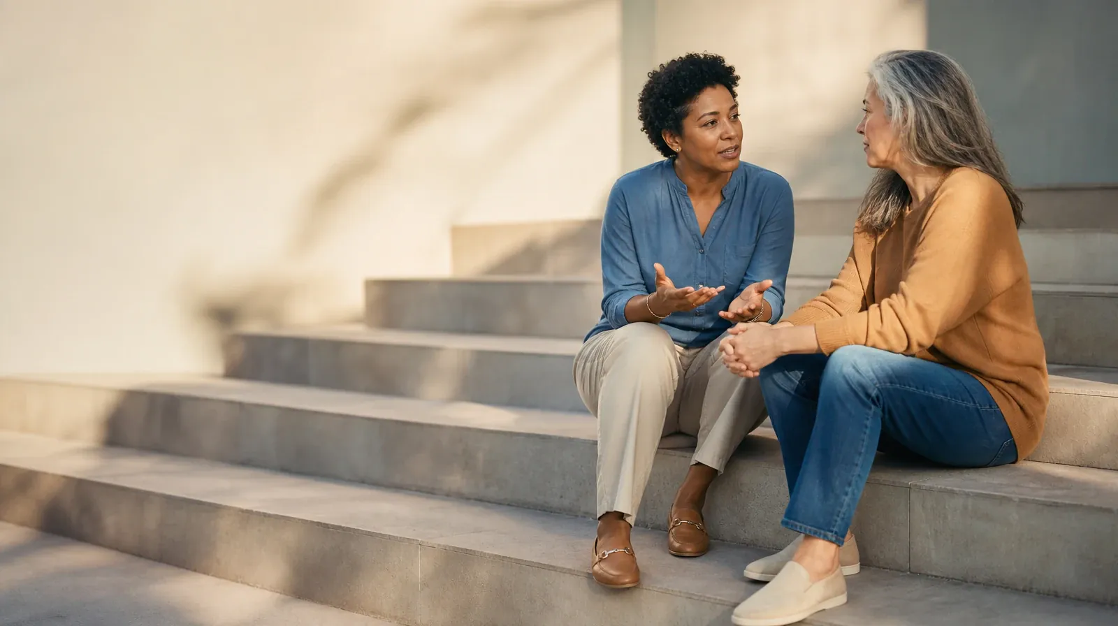 Nitrous Oxide Use With Other Substances | Two adults talk while seated on broad steps Two adults talk while seated on broad steps · Nitrous Oxide Use With Other Substances