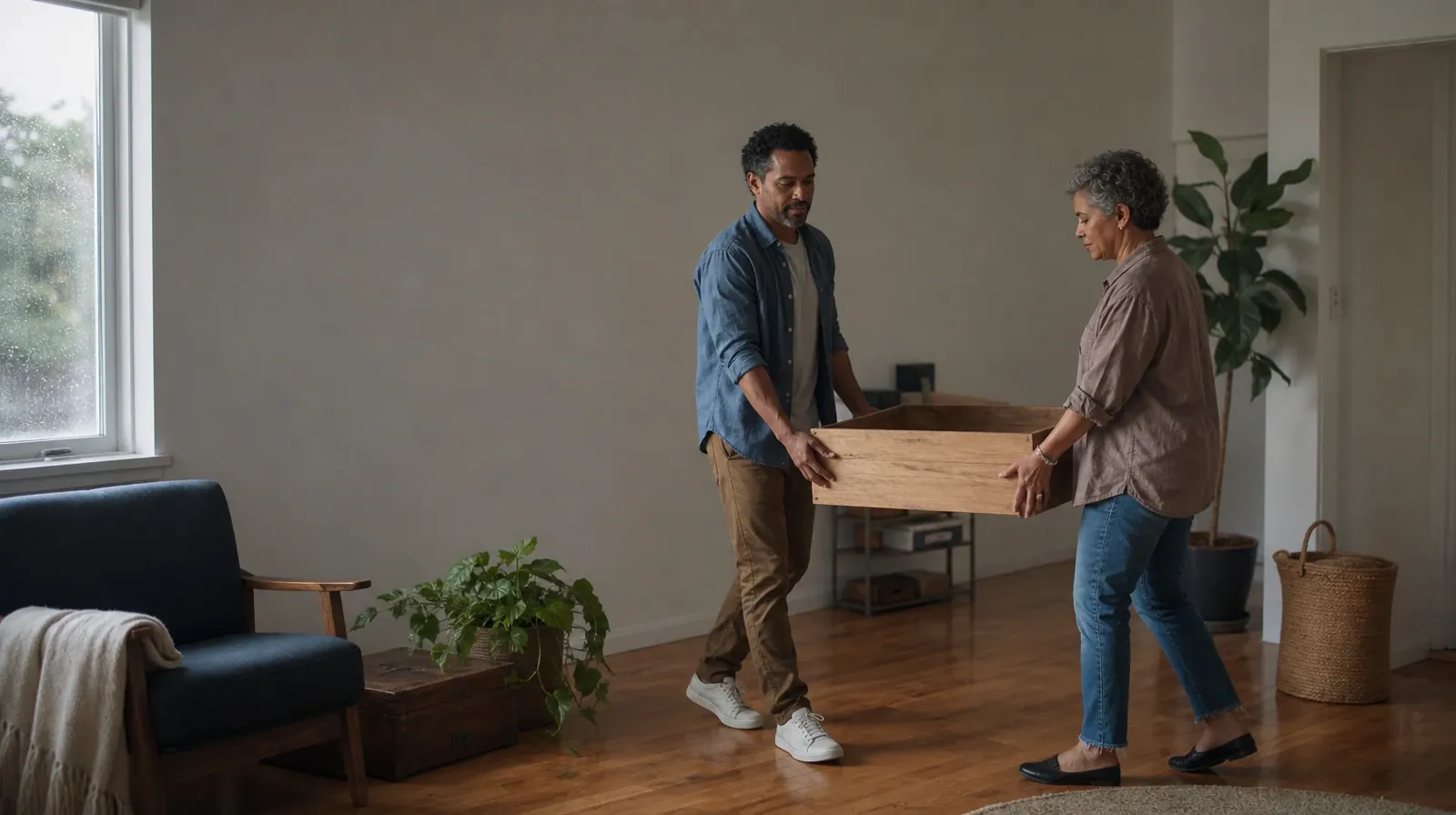 Two adults carry an empty wooden box together · Recognizing Concerns About Opioids Use in South Florida
