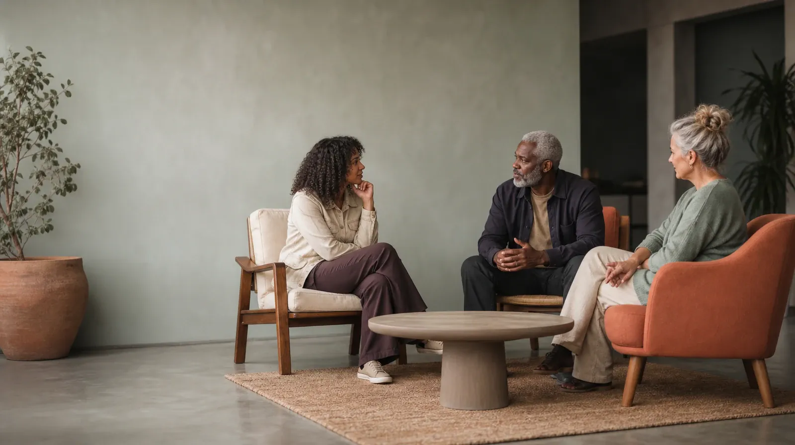 Supporting a Partner With Opioids Use in South Florida | Three adults talk in mismatched chairs around an empty table Three adults talk in mismatched chairs around an empty table · Supporting a Partner With Opioids Use in South Florida