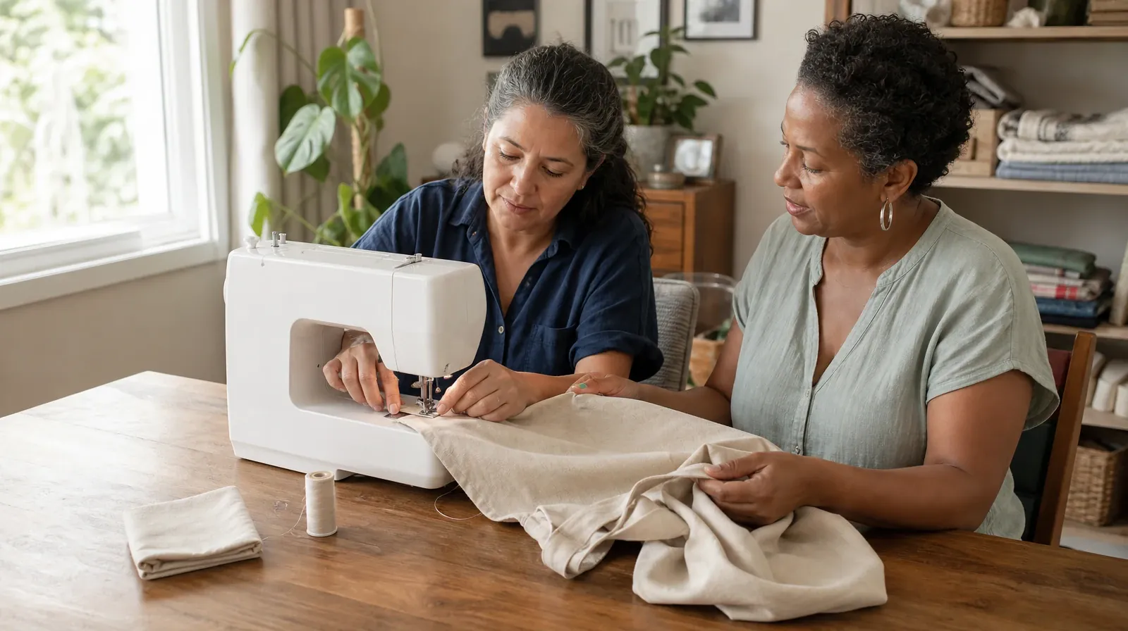 Two adult friends mend a plain cloth shopping bag together at a home sewing… · Opioids Addiction Treatment in Miramar, FL