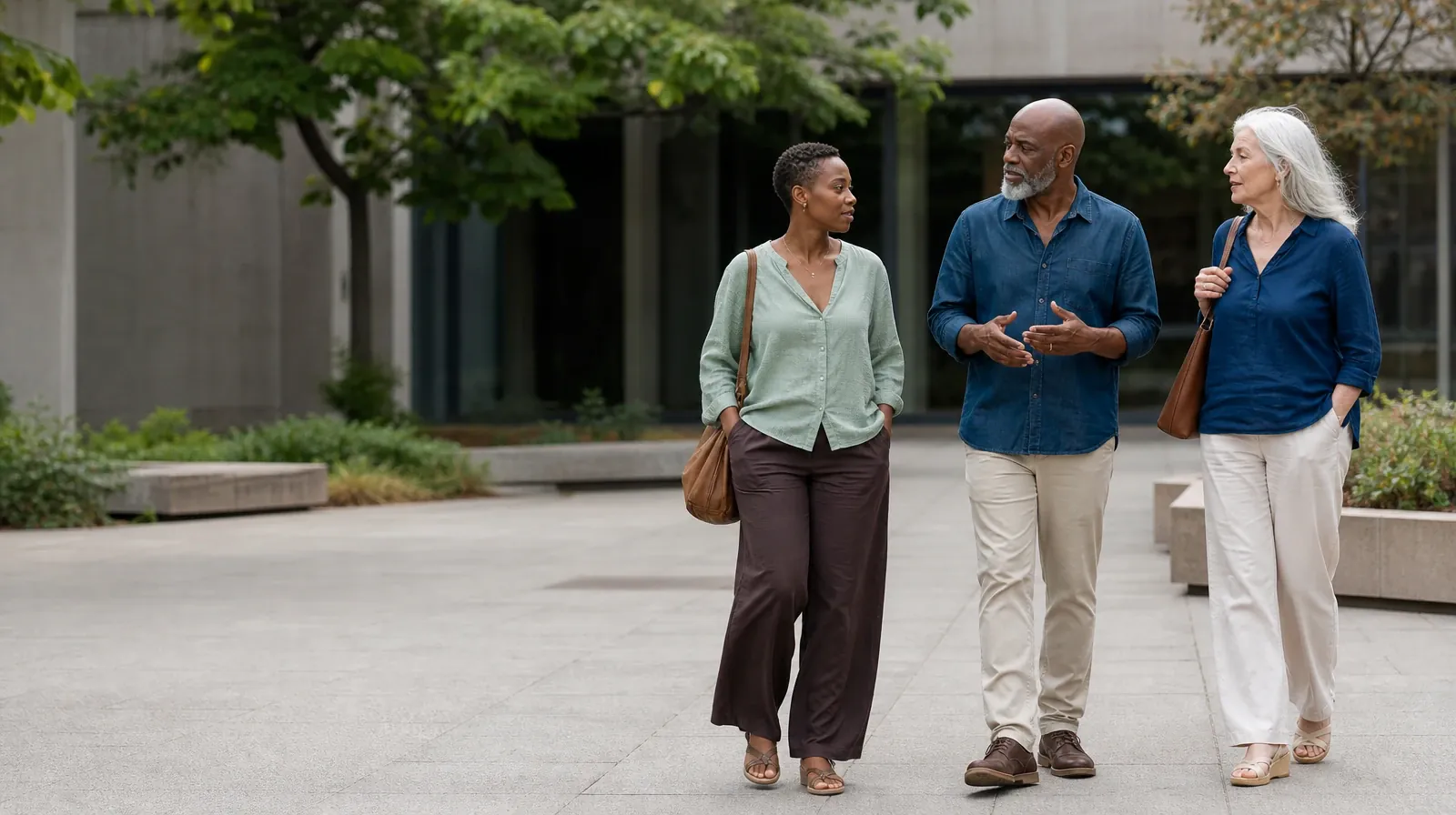 Three adults walk and talk through a courtyard · Making a Follow-Up Plan After Oxycodone Use in South Florida