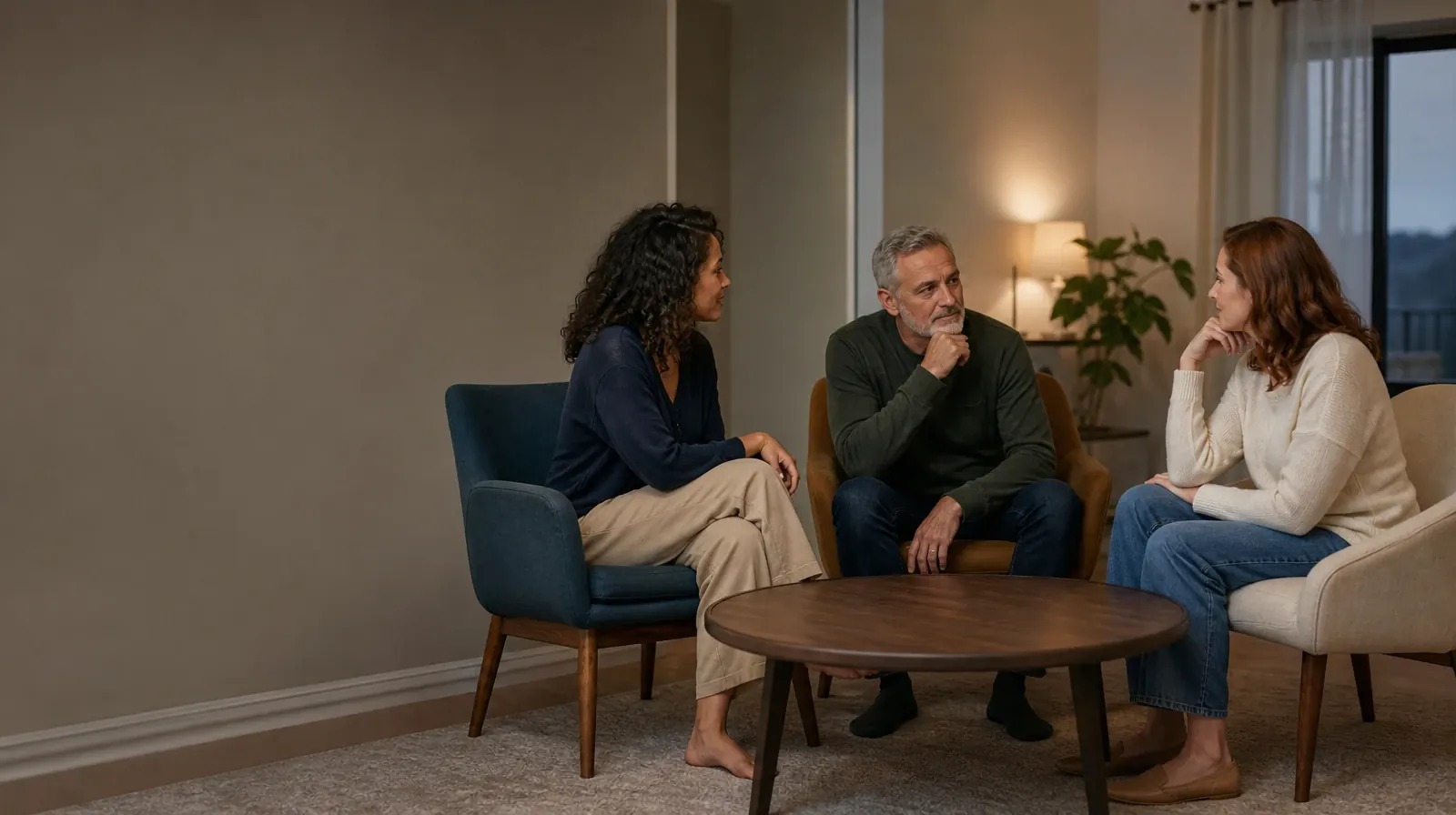Three adults talk in mismatched chairs around an empty table · Medication Continuity for Oxycodone Treatment