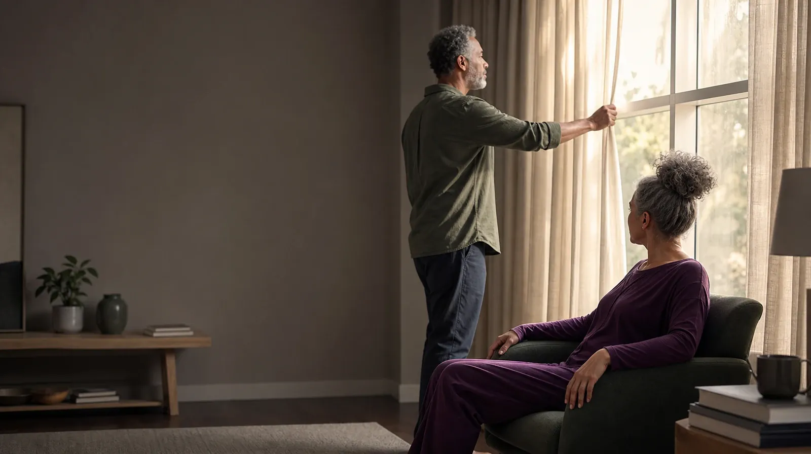 Questions After Returning to Oxycodone Use in South Florida | An adult opens curtains while another waits nearby An adult opens curtains while another waits nearby · Questions After Returning to Oxycodone Use in South Florida