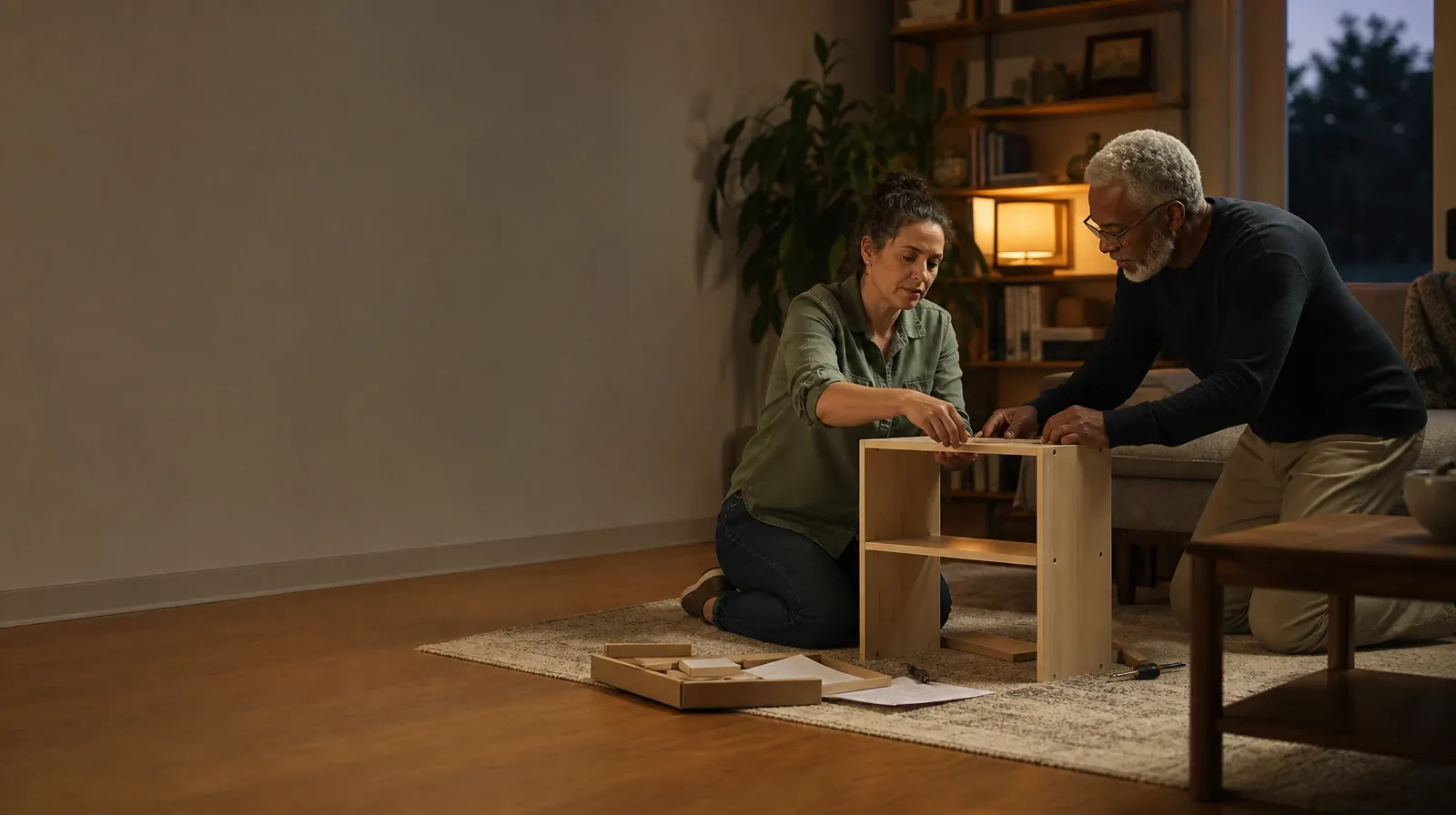 Two adults assemble a small shelf together · Returning Home After Treatment for Oxycodone Use in South Florida