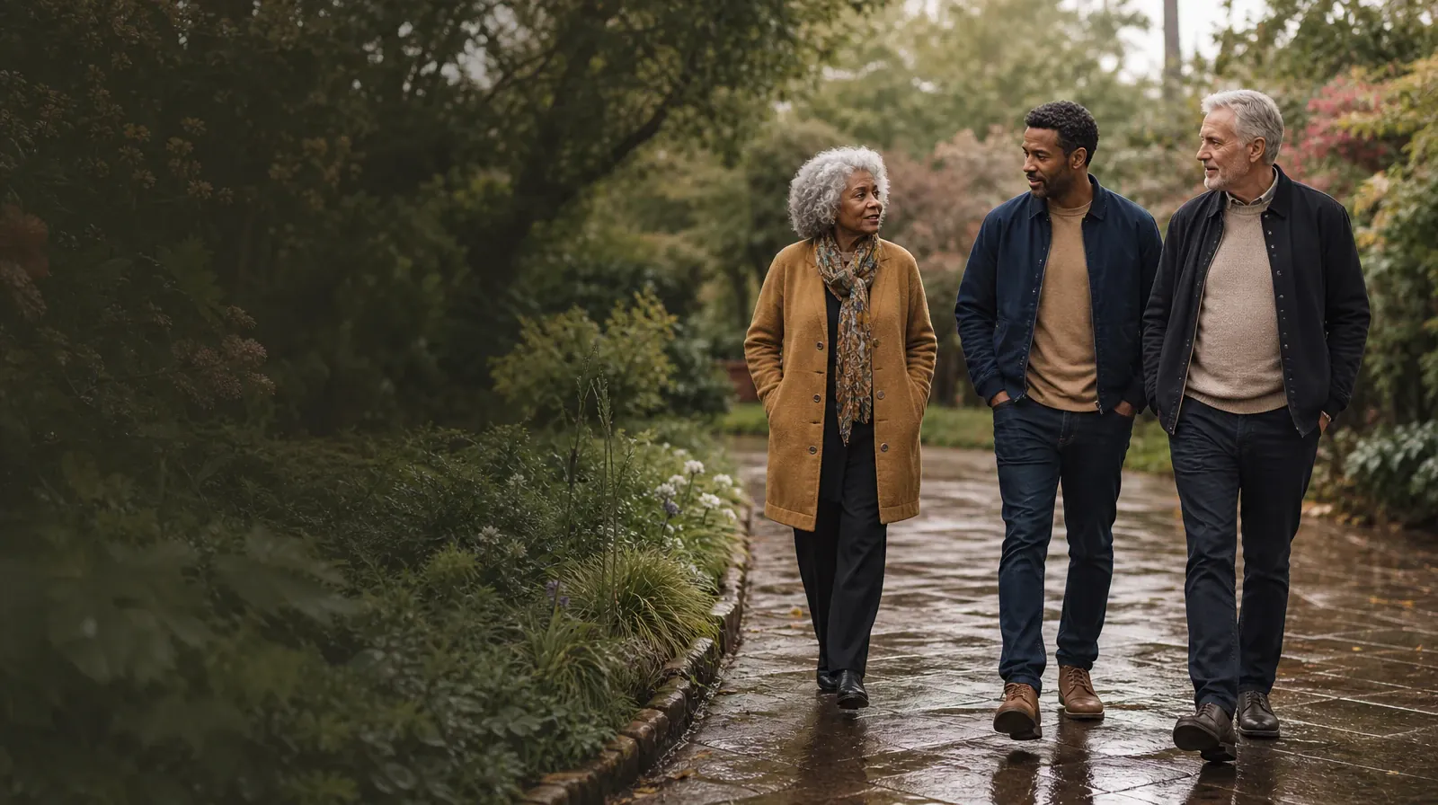 Two adults walk and talk on a quiet garden path · Talking With Family About Oxycodone Use in South Florida