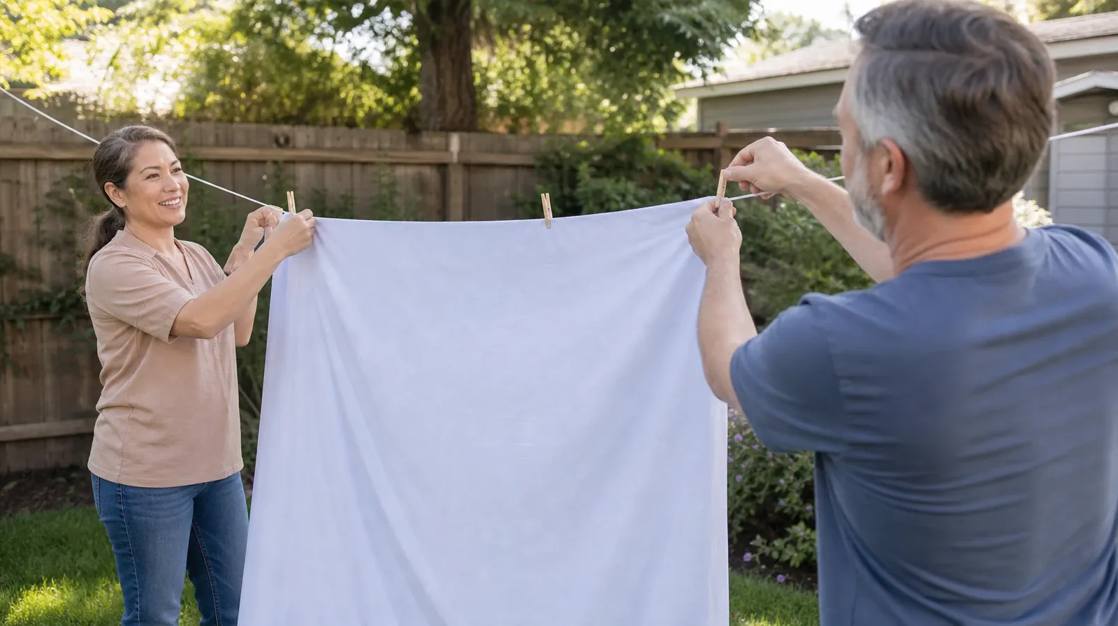 Two adults hang a clean bed sheet on a low backyard clothesline · Oxycodone Addiction Treatment in Miramar, FL