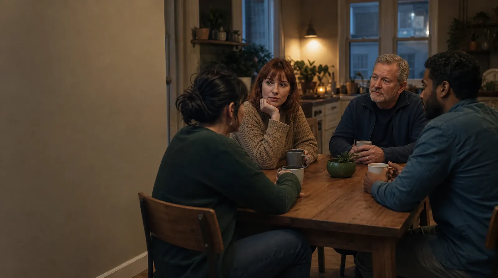 Building Support Around Recovery From Percocet Use | Four adults share an informal conversation at a kitchen table Four adults share an informal conversation at a kitchen table · Building Support Around Recovery From Percocet Use