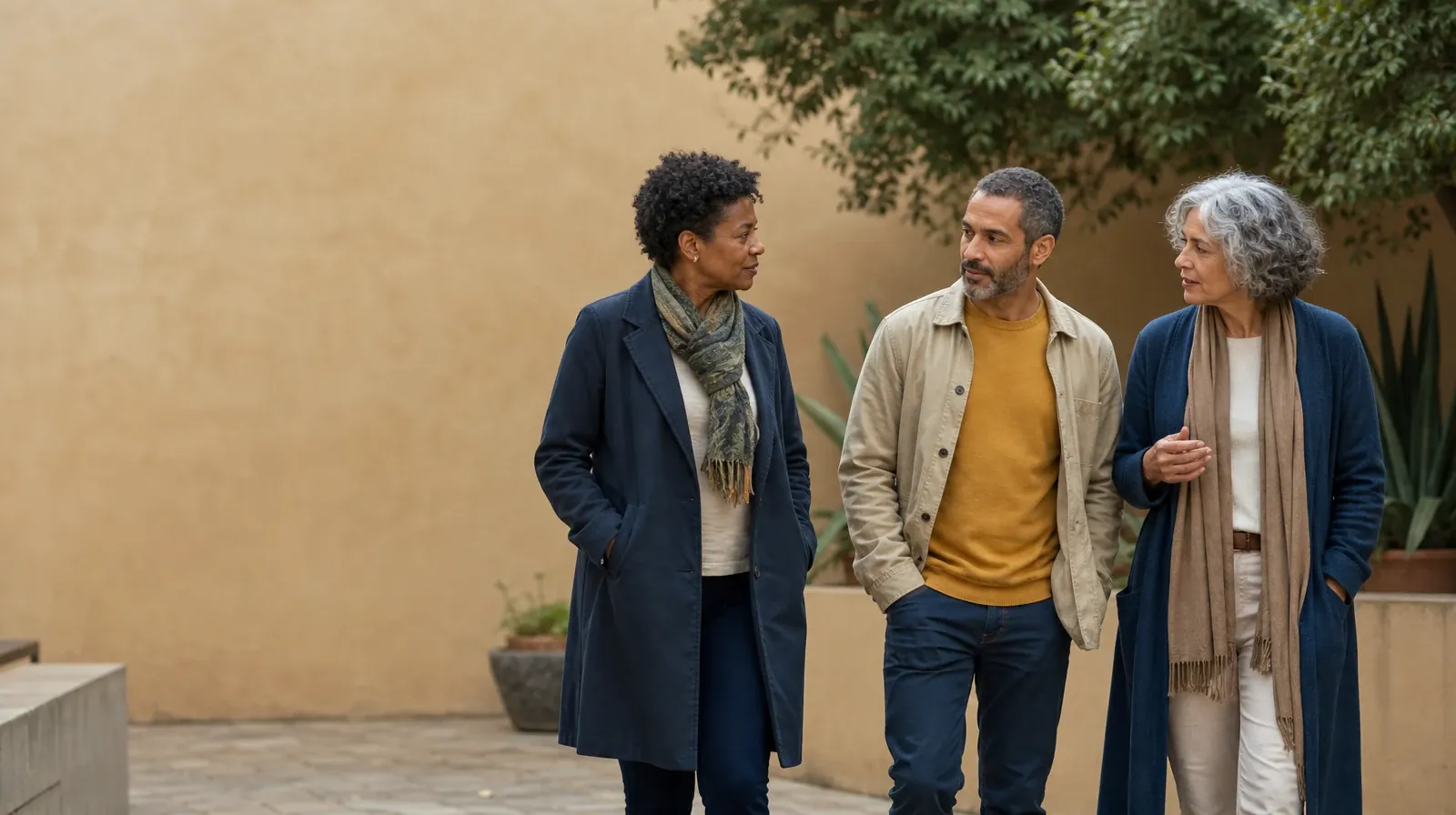 Three adults walk and talk through a courtyard · Cravings and Support With Percocet Use in South Florida