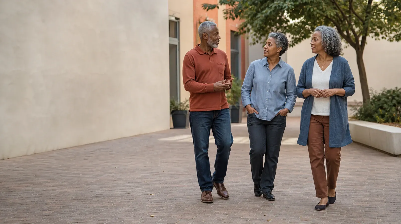 Medication Continuity for Percocet Treatment | Three adults walk and talk through a courtyard Three adults walk and talk through a courtyard · Medication Continuity for Percocet Treatment