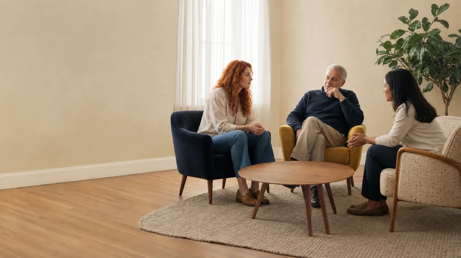 Supporting a Partner With Percocet Use in South Florida | Three adults talk in mismatched chairs around an empty table Three adults talk in mismatched chairs around an empty table · Supporting a Partner With Percocet Use in South Florida