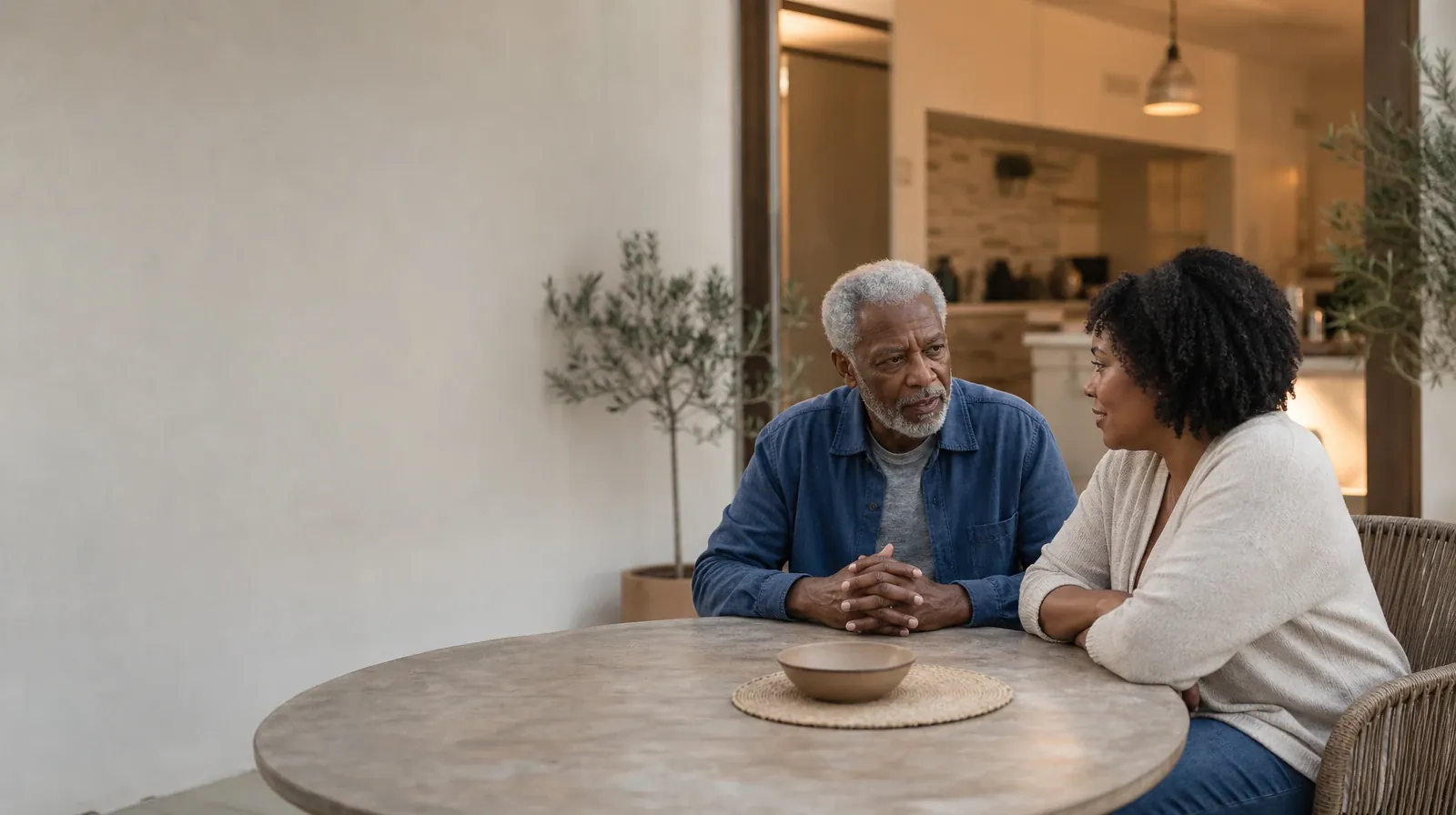 Two adults have a calm conversation at a round table · Understanding a Treatment Plan for Percocet Use in South Florida