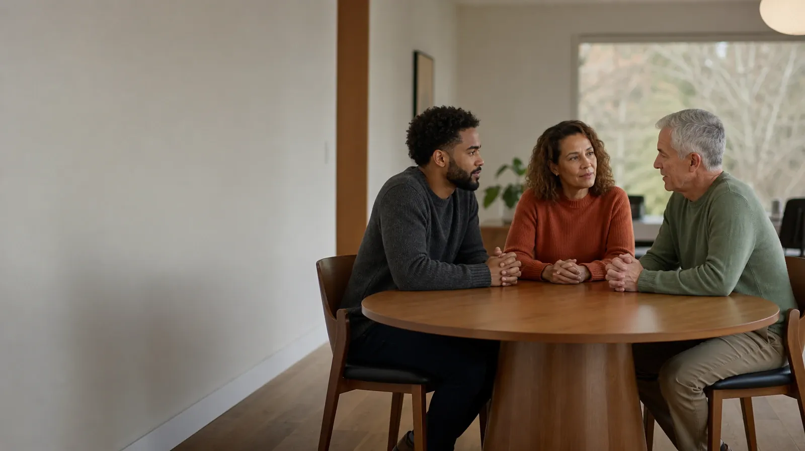Two adults have a calm conversation at a round table · What to Tell a Clinician About Percocet Use in South Florida