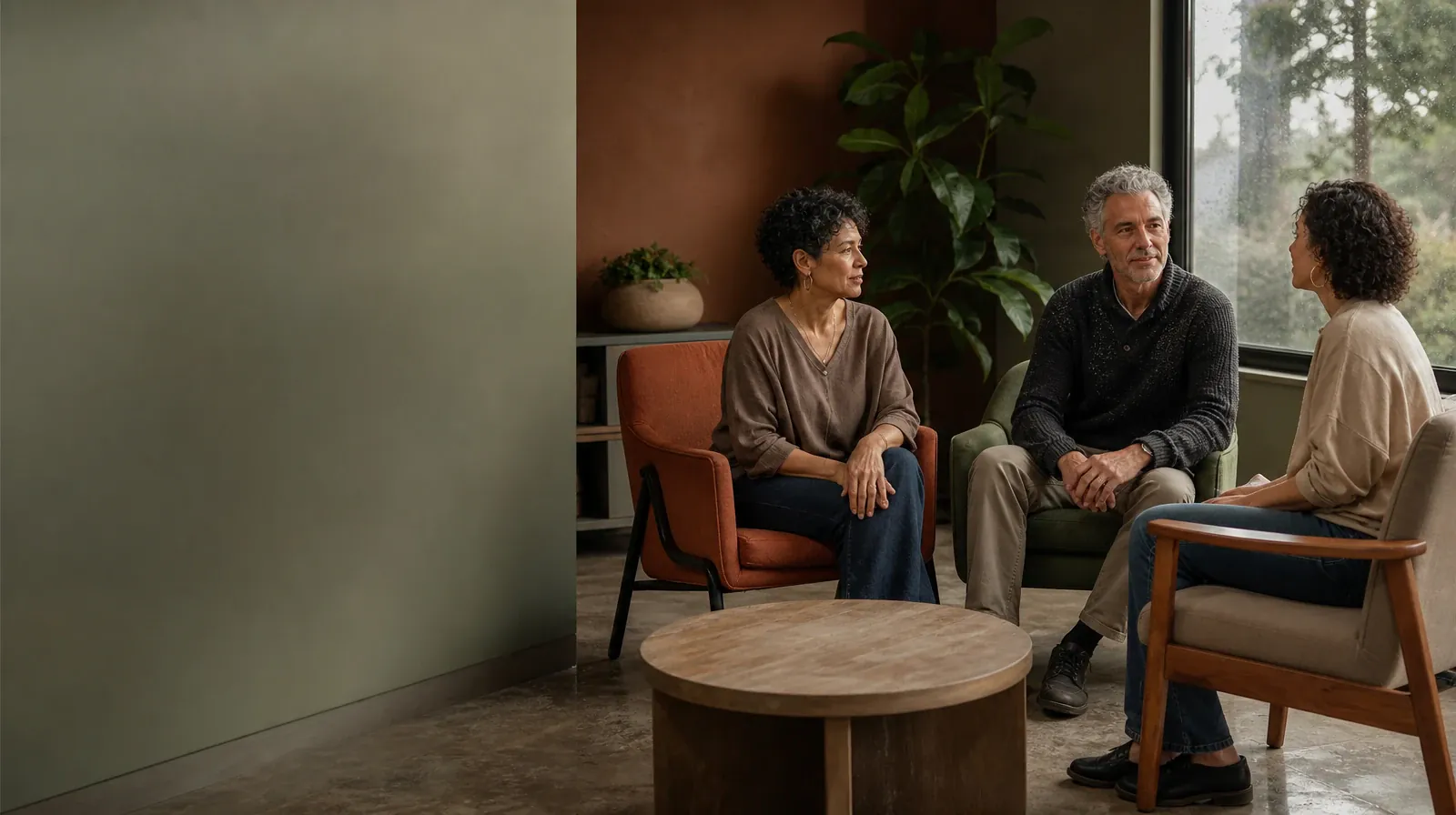 Cravings and Support With Polysubstance Use in South Florida | Three adults talk in mismatched chairs around an empty table Three adults talk in mismatched chairs around an empty table · Cravings and Support With Polysubstance Use in South Florida