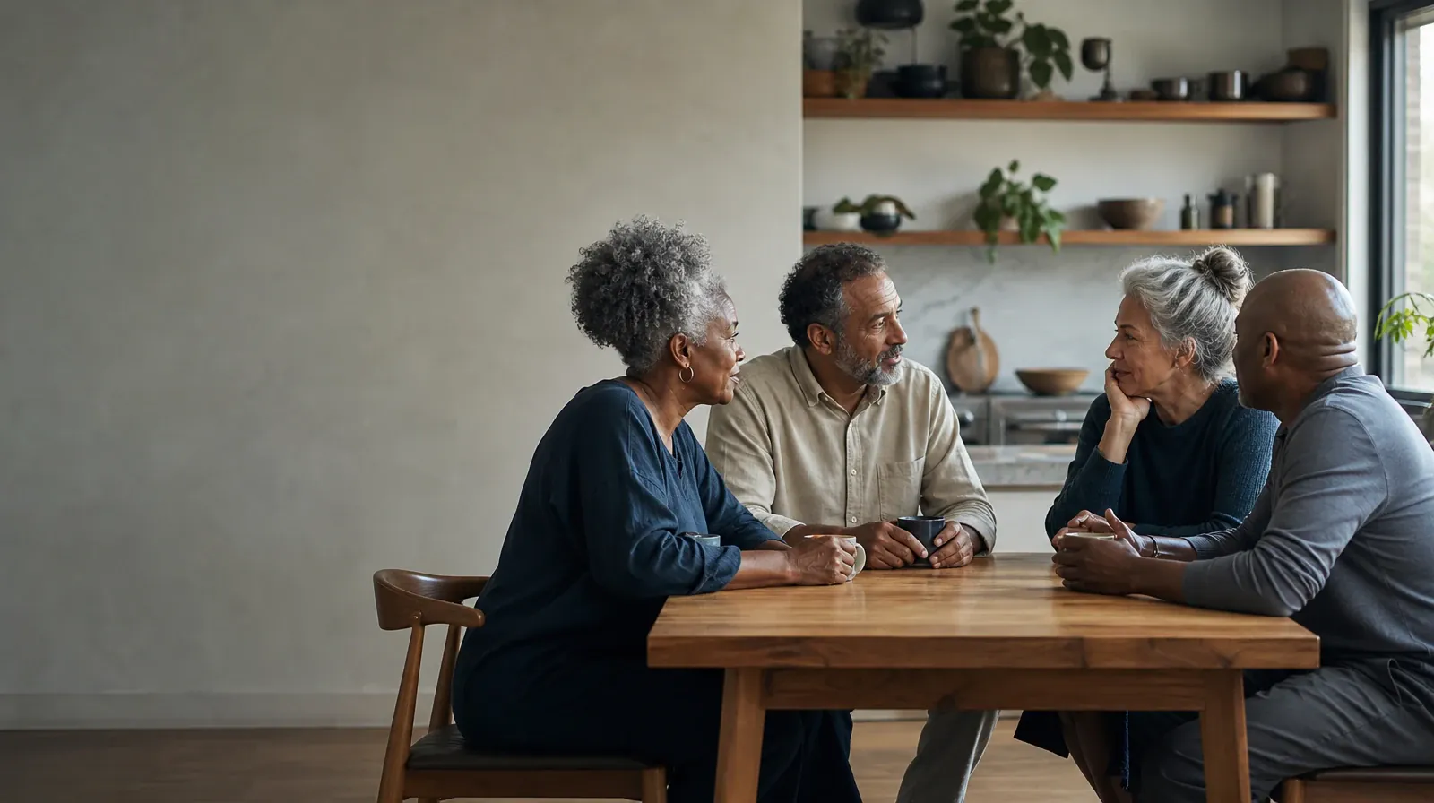 Four adults share an informal conversation at a kitchen table · Using Previous Treatment Experience With Polysubstance Use