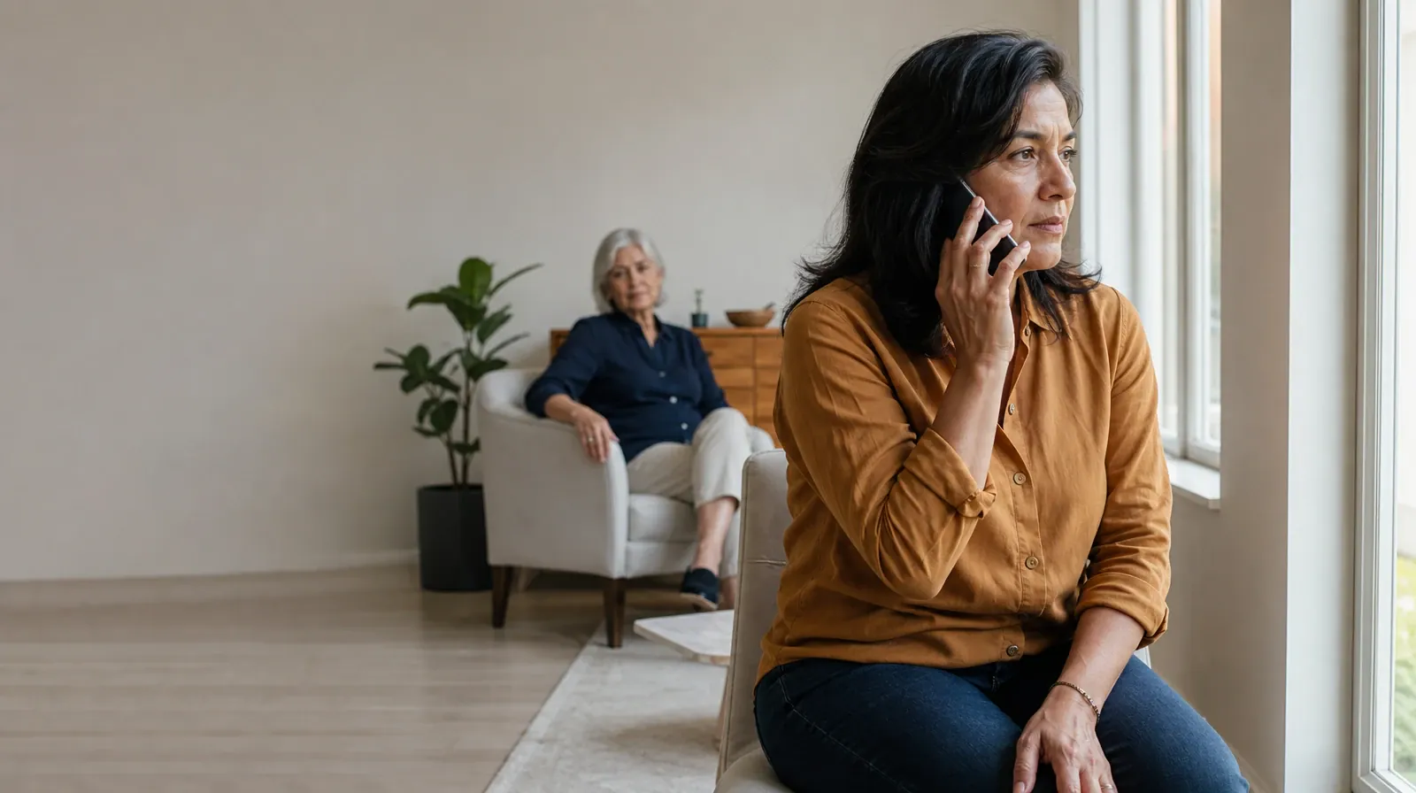 Residential Care Questions About Polysubstance Use | An adult makes a private phone call with support nearby An adult makes a private phone call with support nearby · Residential Care Questions About Polysubstance Use