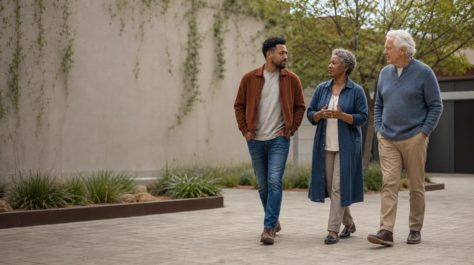 Recognizing Concerns About Polysubstance Use in South Florida | Three adults walk and talk through a courtyard Three adults walk and talk through a courtyard · Recognizing Concerns About Polysubstance Use in South Florida