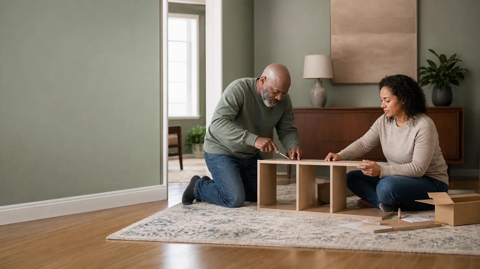 Returning Home After Treatment for Polysubstance Use | Two adults assemble a small shelf together Two adults assemble a small shelf together · Returning Home After Treatment for Polysubstance Use