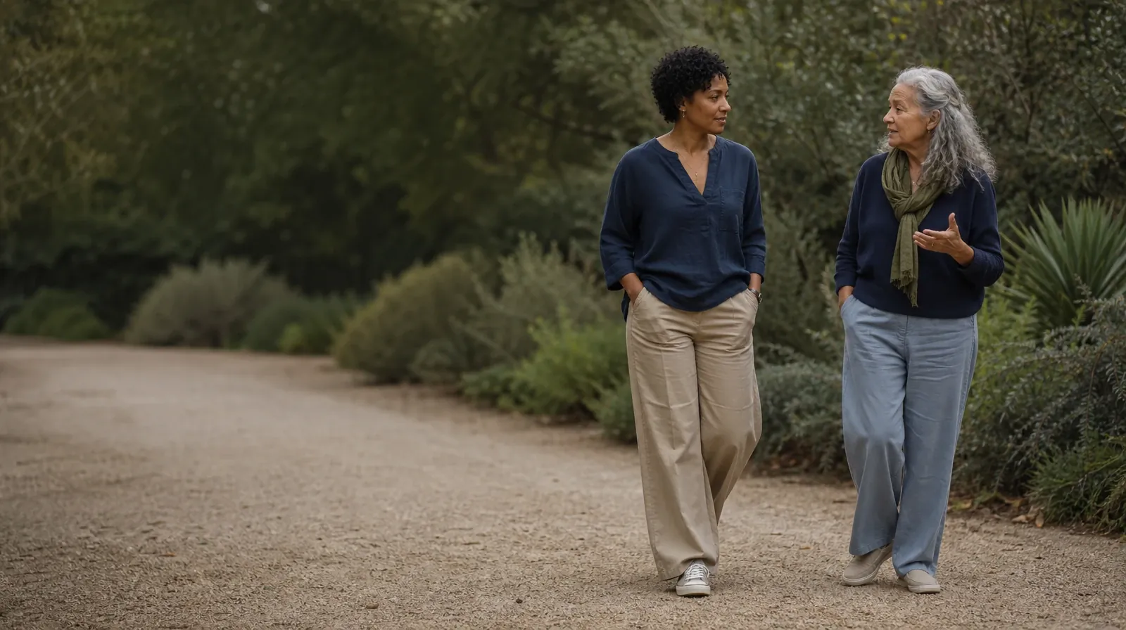 Two adults walk and talk on a quiet garden path · Supporting an Adult Family Member With Polysubstance Use