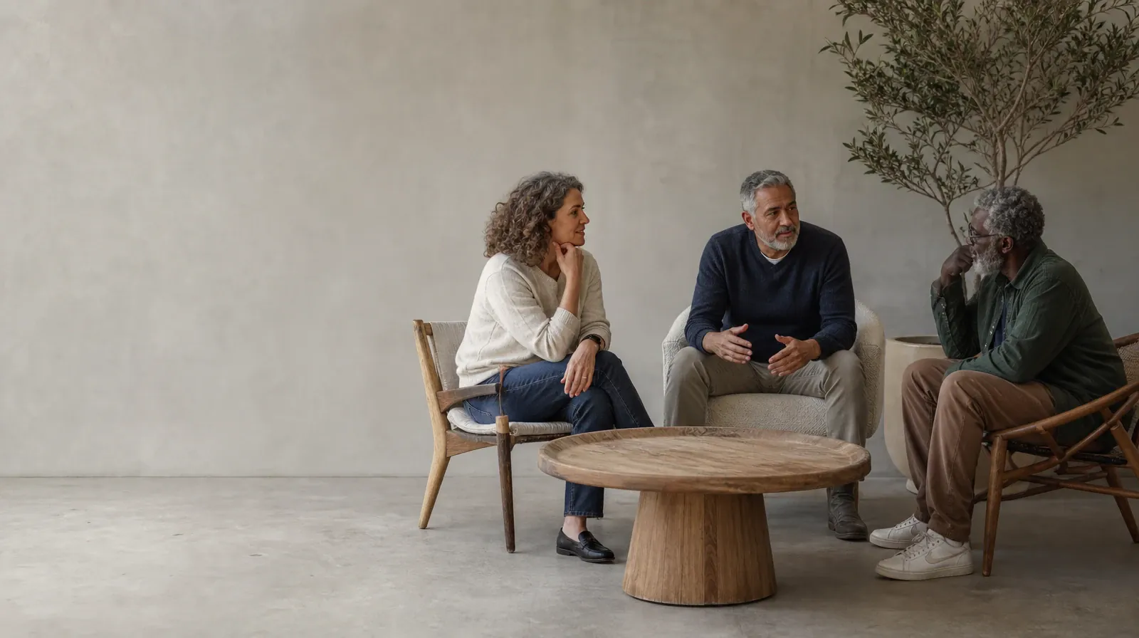 Three adults talk in mismatched chairs around an empty table · Talking About Recent Use of Polysubstance Use in South Florida