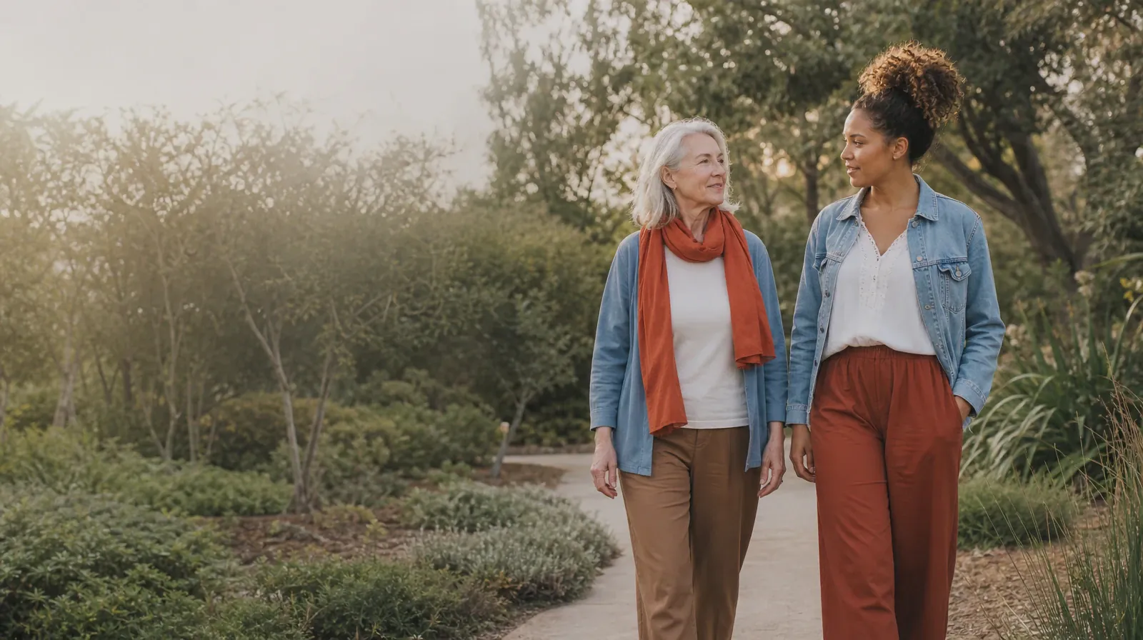 Two adults walk and talk on a quiet garden path · Talking With Family About Polysubstance Use in South Florida
