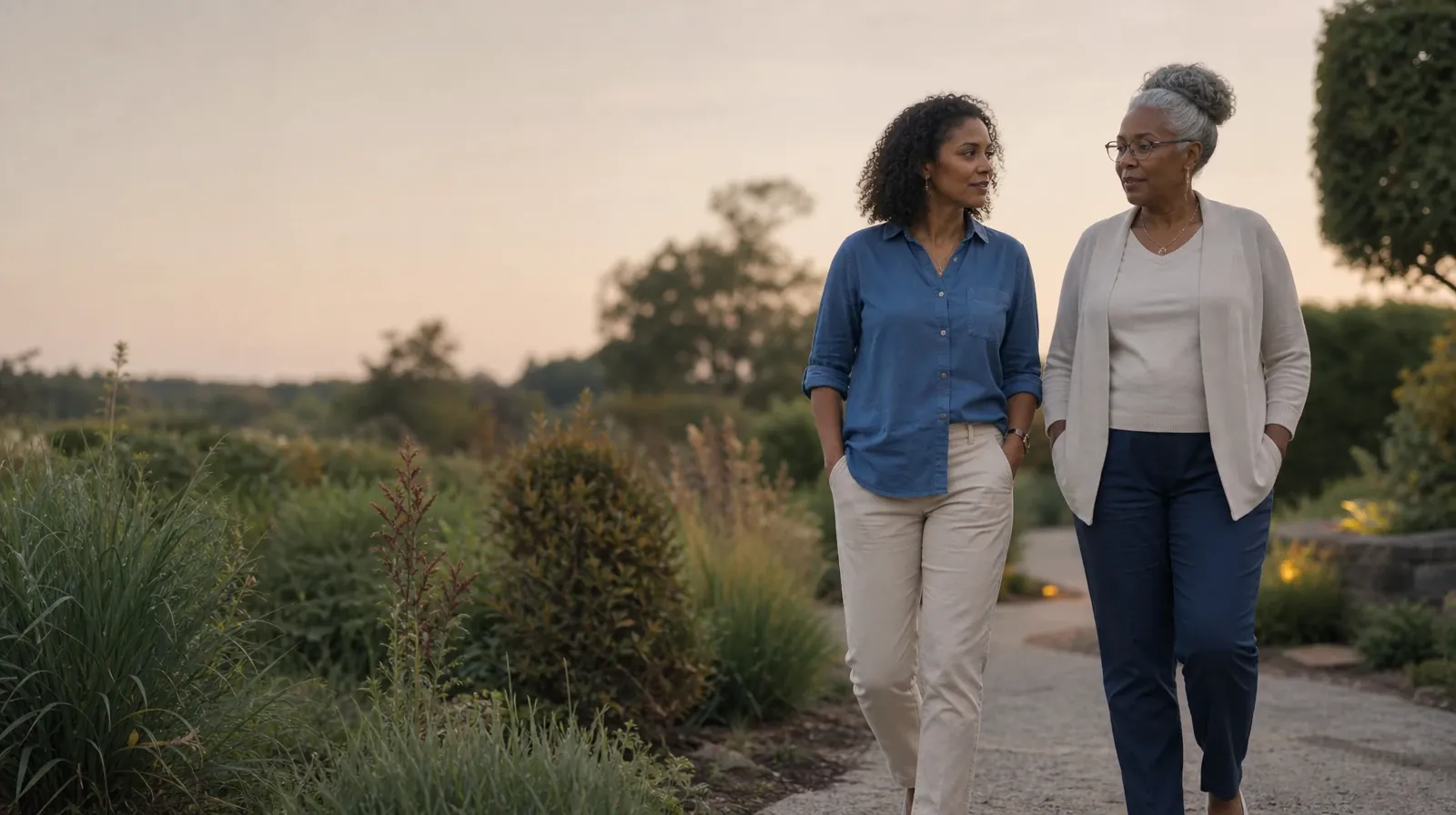 Two adults walk and talk on a quiet garden path · Withdrawal Care and Ongoing Treatment for Polysubstance Use