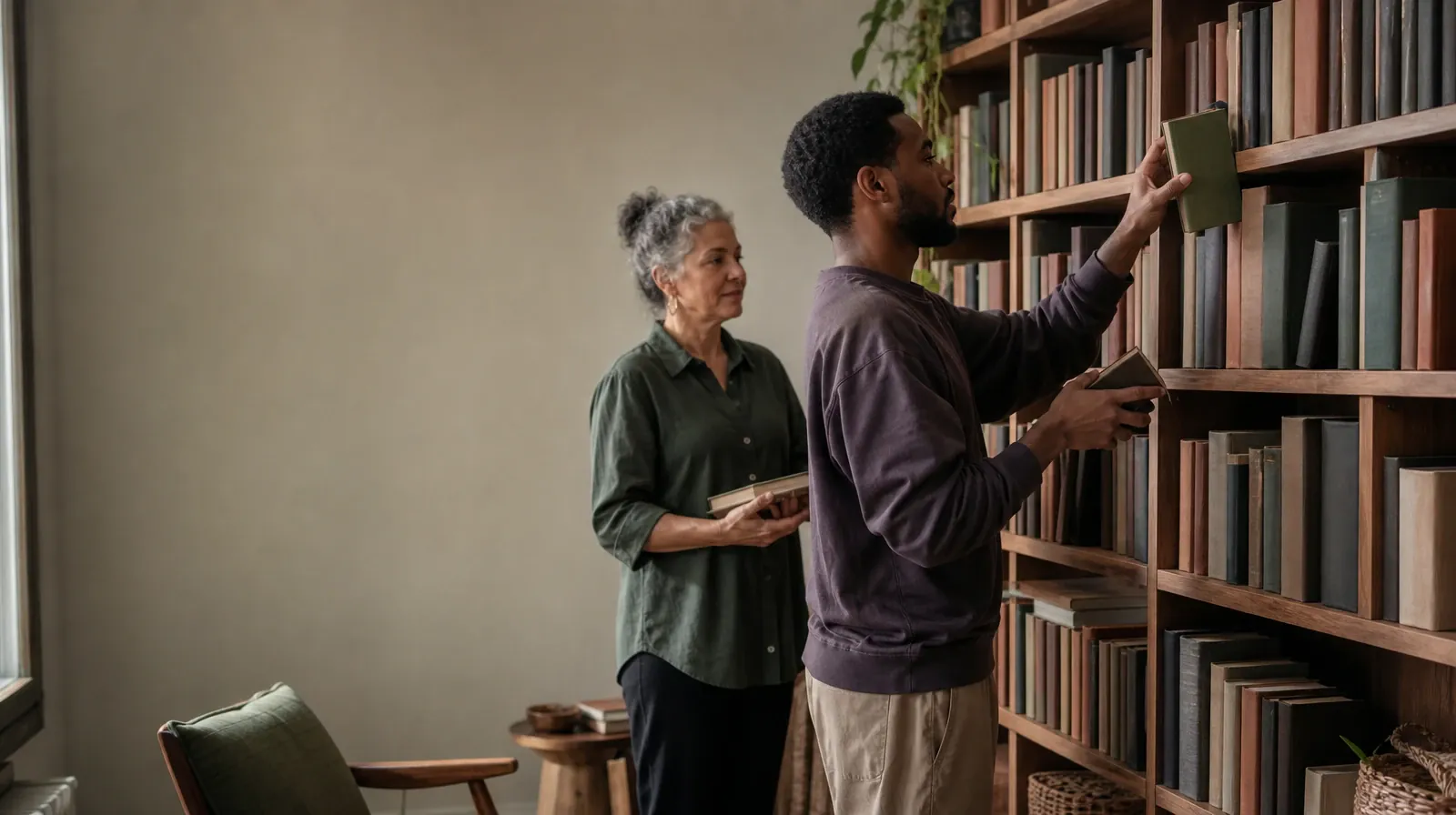 Two adults sort plain books on a home bookcase · Work and Treatment Planning for Polysubstance Use