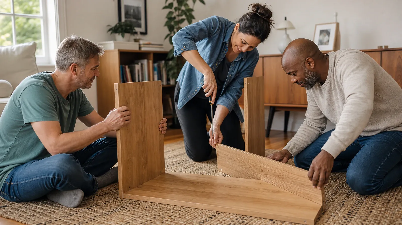 Three adults assemble a low wooden bookcase together on a… · Polysubstance use Addiction Treatment in Miramar, FL