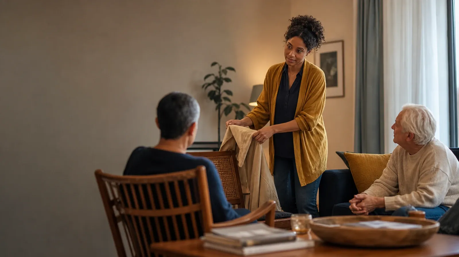 An adult folds a jacket while talking with someone nearby · Helping an Adult Sibling With Prescription Drug Use