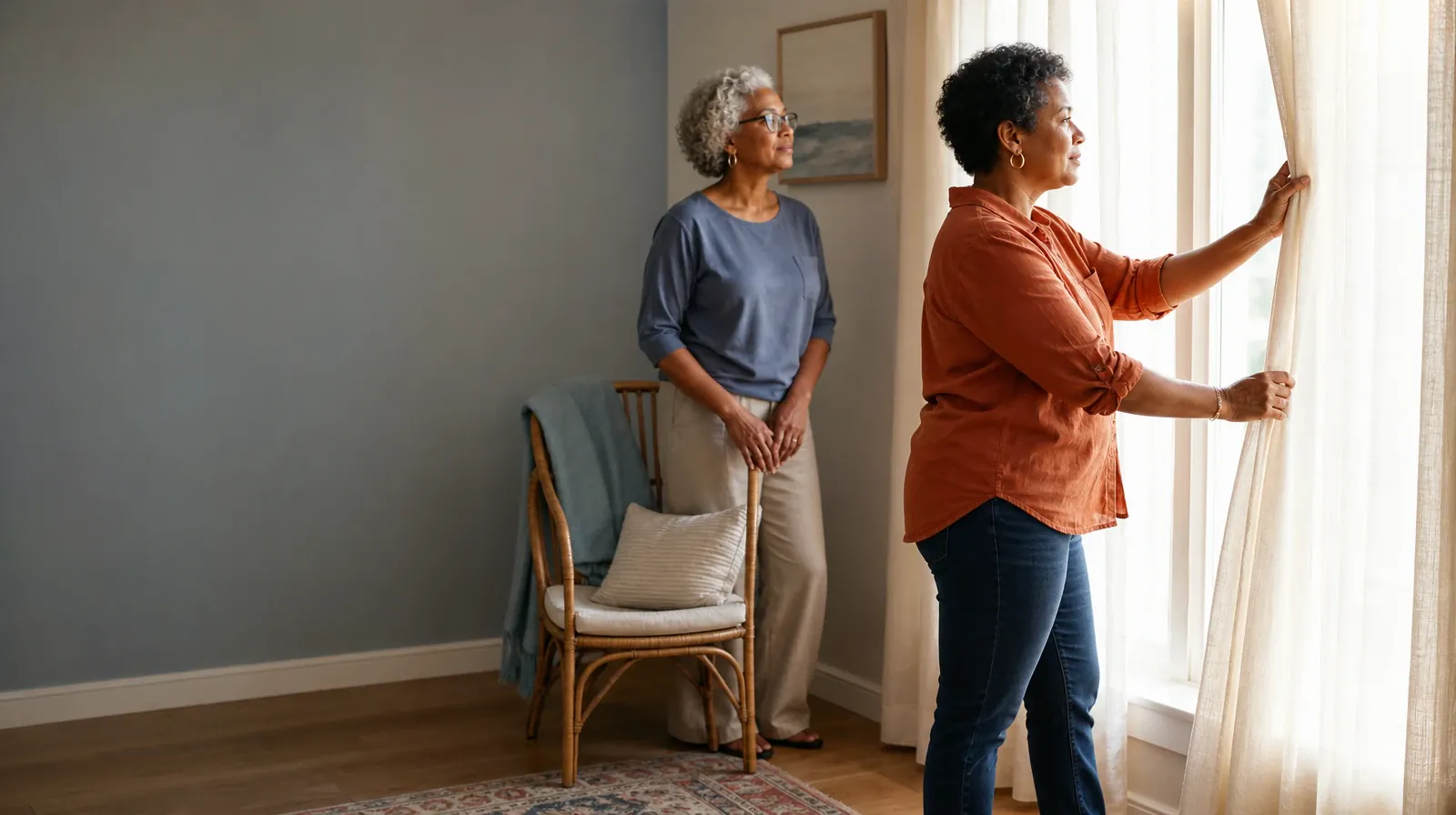 An adult opens curtains while another waits nearby · Returning Home After Prescription Drug Treatment