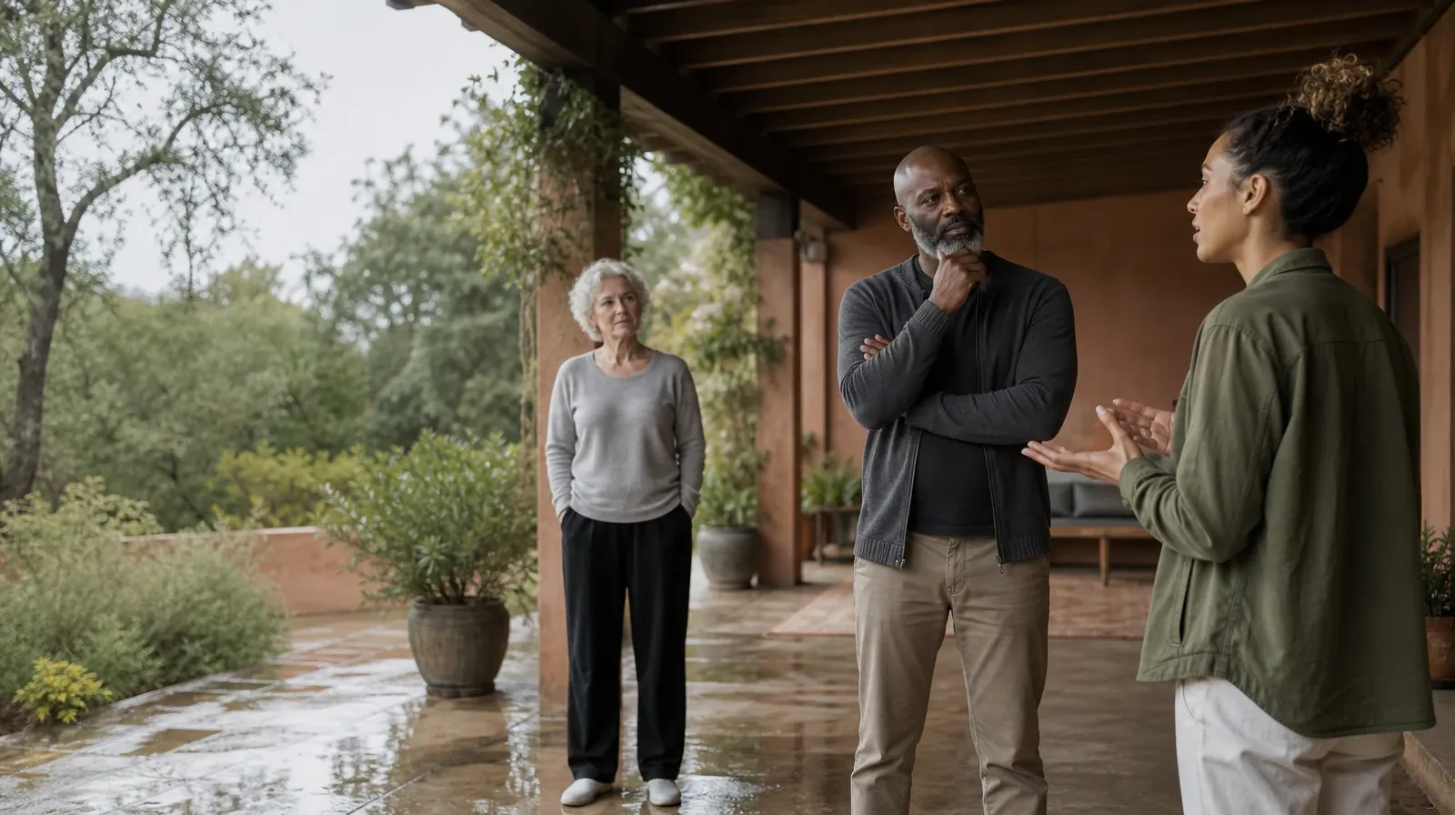 Three adults talk on a covered patio · Supporting an Adult Family Member With Prescription Drug Use