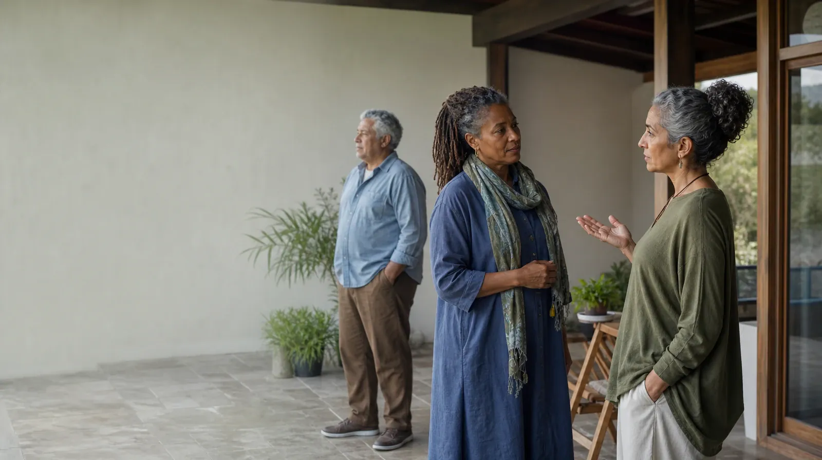 Three adults talk on a covered patio · Talking With Family About Prescription drugs Use in South Florida
